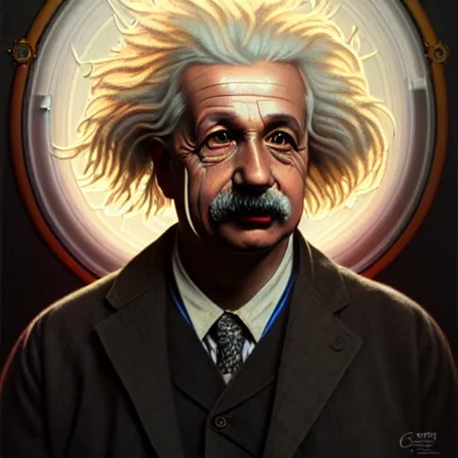 Image similar to portrait painting of albert einstein as a cyberpunk technician with a halo and devil horns, ultra realistic, concept art, intricate details, eerie, highly detailed, photorealistic, octane render, 8 k, unreal engine. art by artgerm and greg rutkowski and magali villeneuve and alphonse mucha