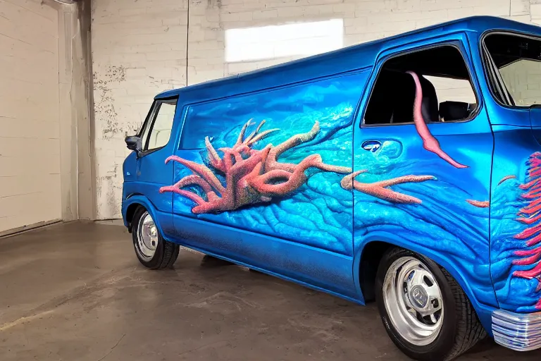 Image similar to a super wide shot photo of a dark blue metallic 1 9 7 2 chevy g 1 0 panel van parked in a garage with an awesome airbrushed scene of a monster made of colorful coral reef emerging from the sea, 8 0 s synthwave, airbrushed, trapper keeper, lightning, explosions, creature design, monster, dinosaur, sony 1 4 mm f 8. 0