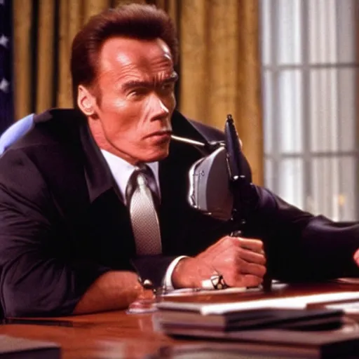 Prompt: a still from the 2001 TV Show The West Wing Starring Arnold Schwarzenegger