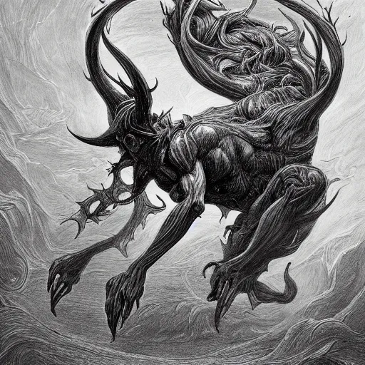 Image similar to full body grayscale drawing by Gustave Dore and Anato Finnstark of muscled horned humanoid beast, swirling flames