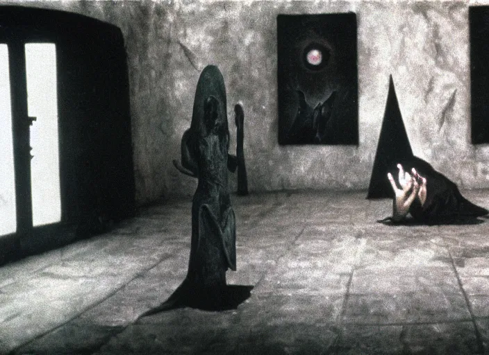 Image similar to a love scene from a feature film by leonora carrington, alejandro jodorowsky, roger ballen and nobuyoshi araki : : pagan occultism, magick ritual : : close - up shot : : anamorphic lens, kodakchrome : : 8 k