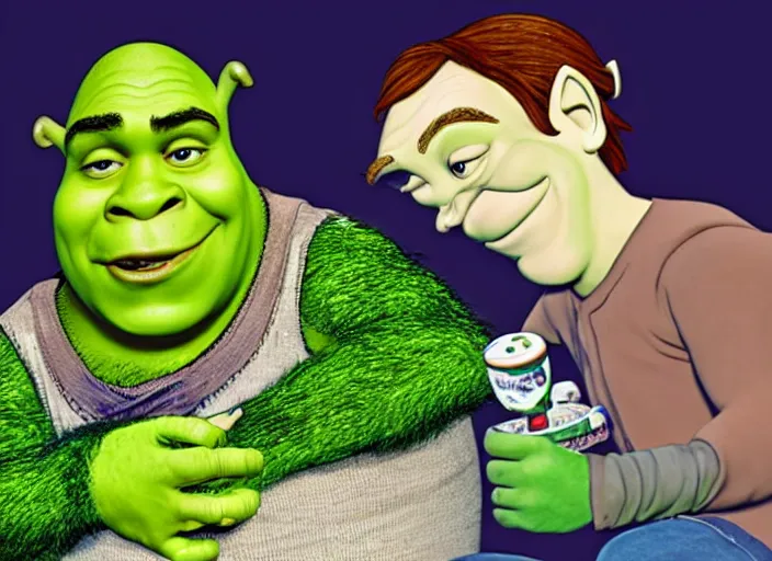 Prompt: Shrek smoking a joint. His eyes are red. Next to him is Donkey wearing the meme pixelated sunglasses.