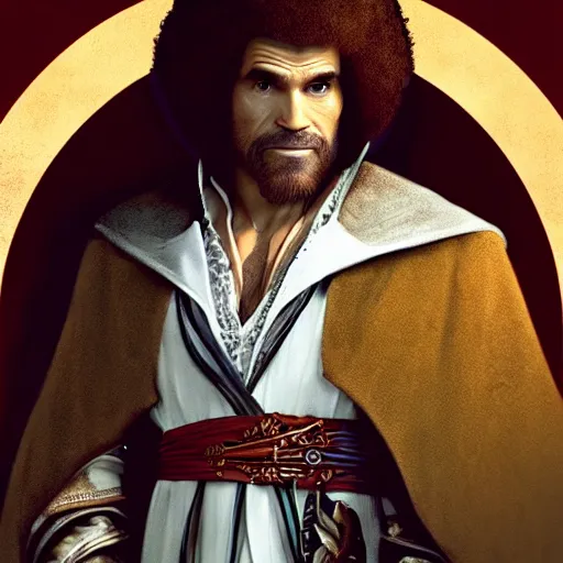 Prompt: an ultra detailed vector image of bob ross dressed as ezio auditore, concept art by alphonse mucha and greg rutkowski, praise the blood moon, octane render