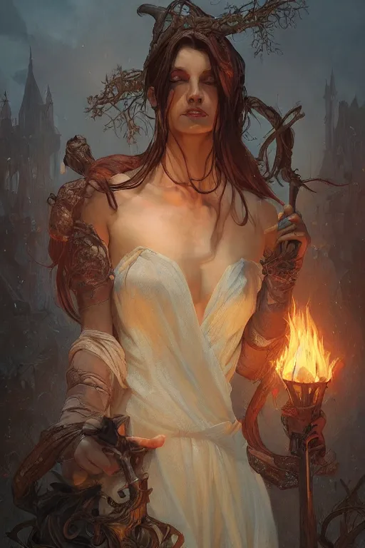 Prompt: witch burning at the stake, D&D, Fantasy, intricate, elegant, highly detailed, digital painting, artstation, concept art, smooth, sharp focus, illustration, art by artgerm and greg rutkowski and alphonse mucha