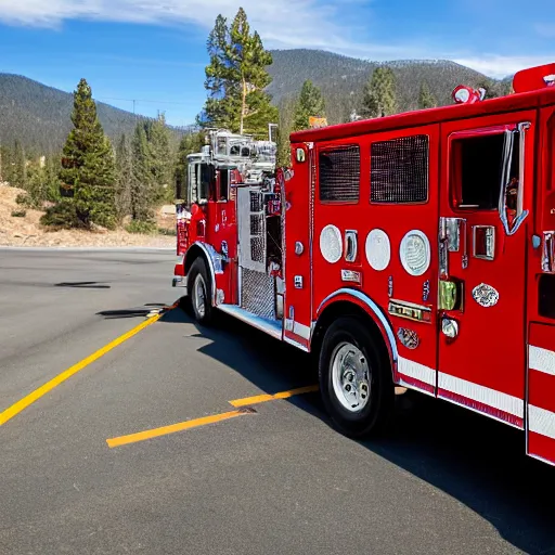 Prompt: red fire truck leaving fire station in big bear lake