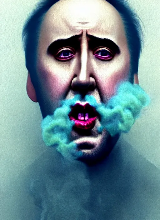 Prompt: an ethereal, misty portrait of a screaming nicolas cage whose face is accented with iridescent makeup. the makeup floats off his face and joins swirling clouds of smoke and fog, becoming the declaration of independence. muted tones. surreal portrait, cinematic lighting, 8 k, smooth, sharp focus, digital painting, rendered in octane, painted by tom bagshaw, artgerm