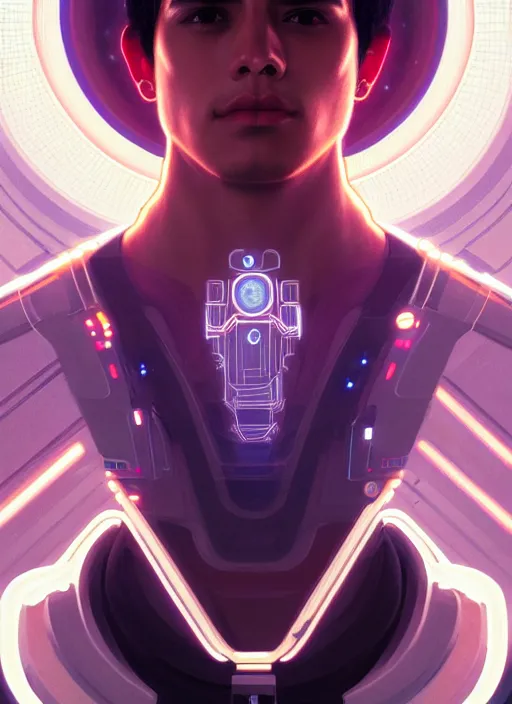 Image similar to symmetry portrait of a handsome young peruvian man, sci - fi, tech wear, glowing lights intricate, elegant, highly detailed, digital painting, artstation, concept art, smooth, sharp focus, illustration, art by artgerm and greg rutkowski and alphonse mucha