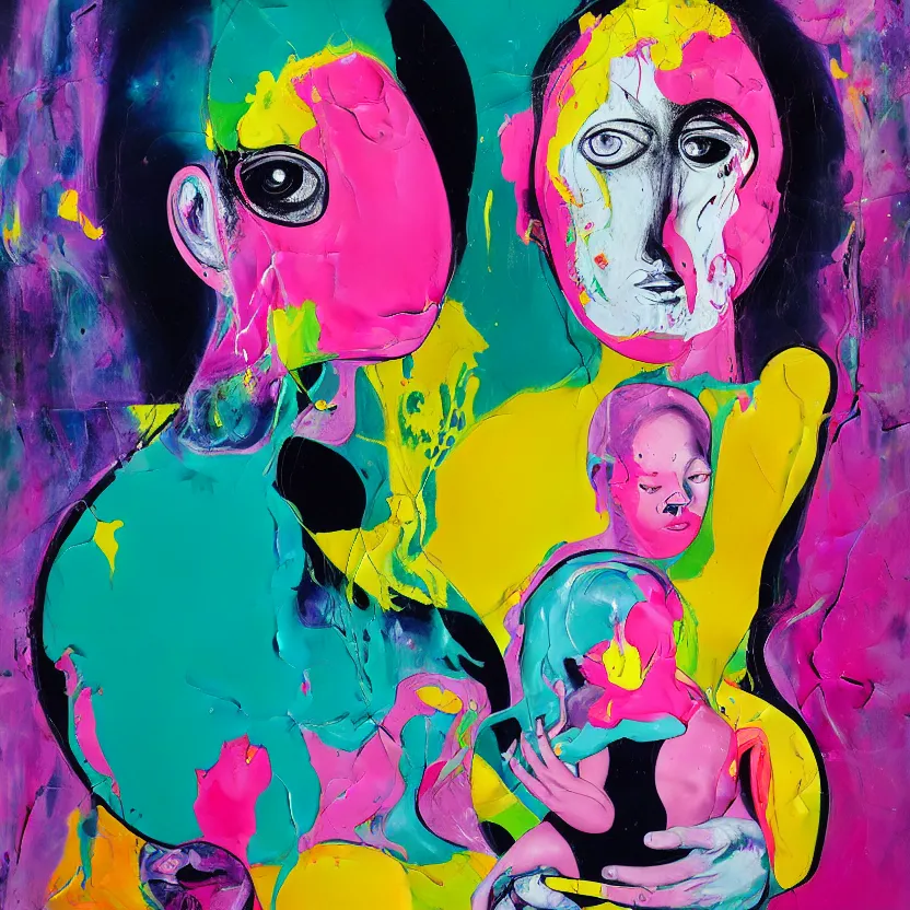 Image similar to woman holding a baby, an ultrafine detailed painting by peter max and francis bacon and fiona rae and hernan bas and anna mond, featured on deviantart, metaphysical painting, pop surrealism, melting paint, biomorphic, mixed media, photorealistic, dripping paint, palette knife texture, masterpiece