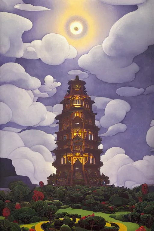 Image similar to view of the wizard's tower in its gardens after a storm, tall windows lit up, beautiful ornamental architecture, dramatic cinematic lighting, rich colors, by Nicholas Roerich and William Dyce and April Gornik and Sylvain Sarrailh and Ludwig Deutsch and Diego Rivera, featured on artstation