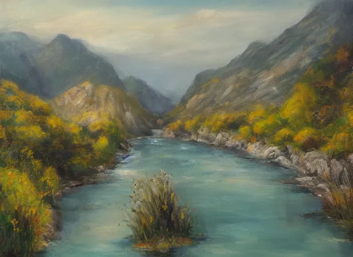 Image similar to beleriand, landscape, fine art, valley, river