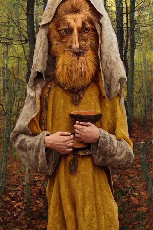 Image similar to slavic dog head man, woolen torso in medieval clothes, walking in the forest, orthodox, oil painting, concept art, hyperrealism, beautiful, high resolution, trending on artstation, by annie swynnerton and nicholas roerich, embroidered robes, elaborate costume, geometric ornament, symbolist, soft colors, extremely detailed