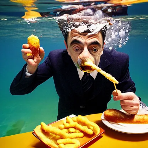 Image similar to An Alec Soth portrait photo of Mr. Bean eating a corndog while underwater