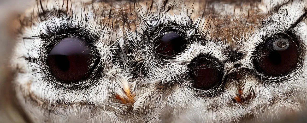 Image similar to a jumping spider mixed with an owl, hybrid creature, by Stanley Kubric, anamorphic lens, macro shot, bokeh, kodak color film stock, realistic, hyper detailed