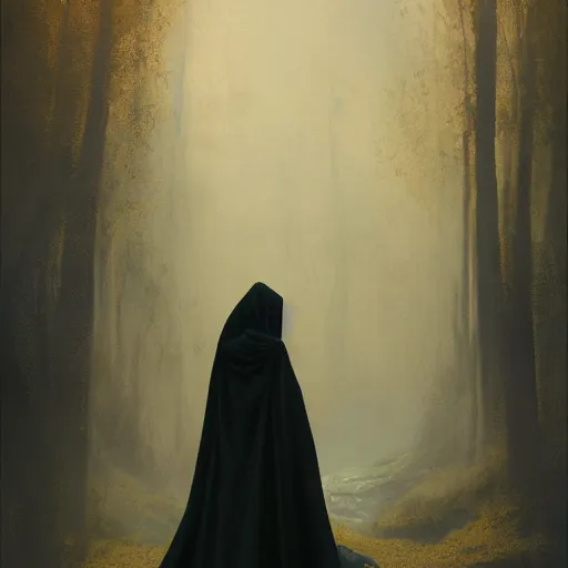 Image similar to a portrait of a young woman wearing a long dark cloak, hood and shadows covering face, holding golden chains, oil painting, matte painting, black background, Volumetric Golden dappled dynamic lighting, Highly Detailed, Cinematic Lighting, Unreal Engine, 8k, HD, by Beksinski