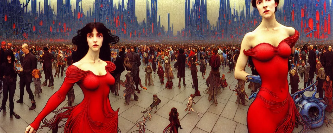 Prompt: realistic extremely detailed full height portrait painting of a girl with dark hair and red dress in a crowded sci-fi city street, very detailed crowd by Jean Delville, Amano, Yves Tanguy, Alphonse Mucha, Ernst Haeckel, Edward Robert Hughes, Roger Dean, rich moody colours, blue eyes