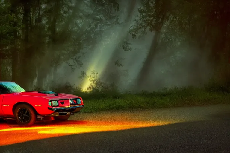 Image similar to pontiac firebird with glowing paint, sunrise, eerie light, fireflies, dog watching the car, dramatic, cinematic, forest, horror, sunbeams, volumetric lighting, wide shot, low angle, lightning storm hitting the car, ground cracking open to reveal a portal to hell