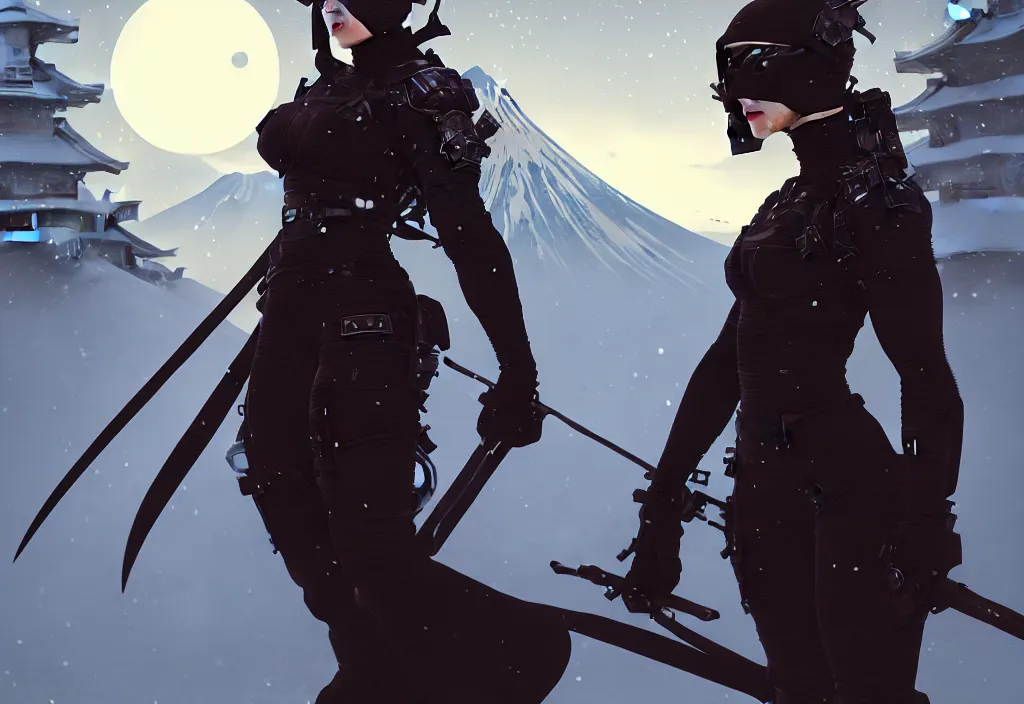 Prompt: portrait ninja gaiden girl, armored dieselpunk ninja wardrobe, at snowy fuji mountain moonlight, ssci - fi and fantasy, intricate and beautiful and elegant, digital painting, frostbite engine, artstation, concept art, smooth and sharp focus, illustration, art by tian zi and wlop and alphonse mucha