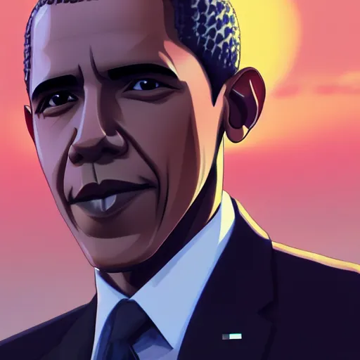 Image similar to barack obama as an anime protagonist, beautiful anime style, portrait, close - up, cinematic rim lighting, dramatic pose, beautiful sunset, professional, highly detailed, clear, sharp, smug expression, trending on artstation