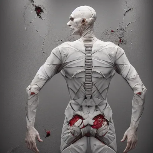 Image similar to hyperrealistic mixed media image of human corpse origami, broken bones and blood, stunning 3 d render inspired art by greg rutkowski and xiang duan and thomas eakes, perfect symmetry, flesh texture, realistic, highly detailed attributes and atmosphere, dim volumetric cinematic lighting, 8 k octane detailed render, post - processing, masterpiece,