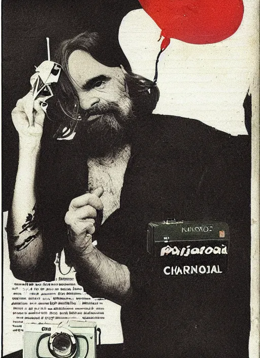 Prompt: vintage advertisement for a polaroid camera, charles manson slipping on a banana peel