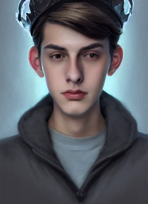 Image similar to portrait of teenage jughead jones wearing a light grey crown, photorealistic, crown, eyes closed, crown, black hair, intricate, elegant, glowing lights, highly detailed, digital painting, artstation, concept art, smooth, sharp focus, illustration, art by wlop, mars ravelo and greg rutkowski