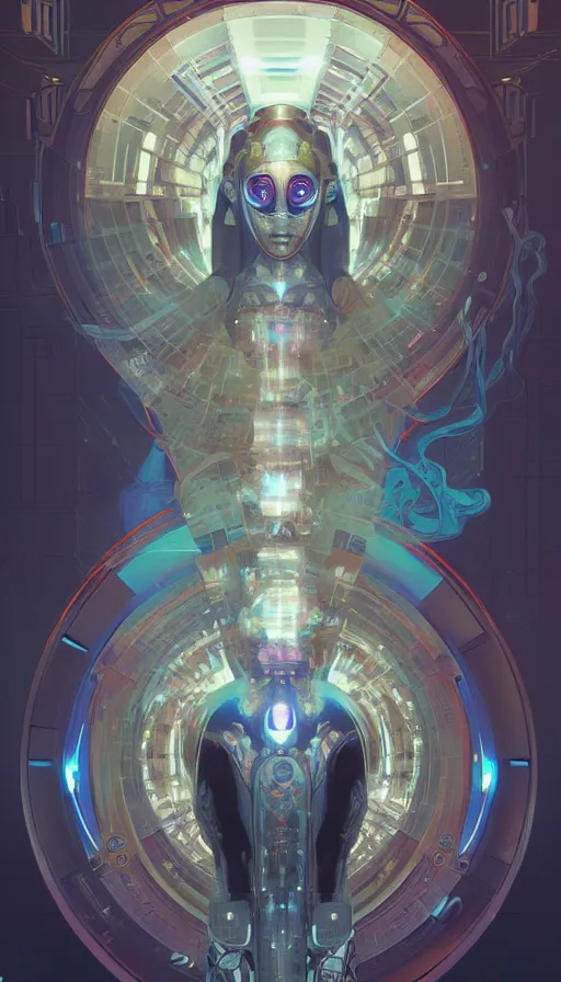 Image similar to Character design of a scifi psychedelic robot shaman, symmetrical, center punched, Archviz, elegant, intricate, digital painting, artstation, concept art, smooth, sharp focus, illustration, art by artgerm and greg rutkowski and alphonse mucha