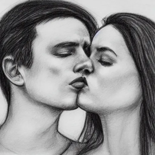 Image similar to close up of young lovers kissing, pencil sketch