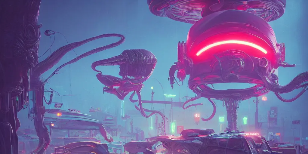 Prompt: alien skull, illustrated by simon stalenhag, beautiful details, rule of thirds, vibrant colourful neon lighting, volumetric lighting, stylish futuristic atmosphere, intricate, ultra - detailed, photorealistic, trending on artstation, 8 k