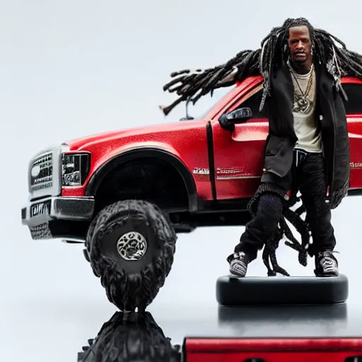 Image similar to travis scott action figure with dreads standing on top of a black rc pickup truck, close up studio photograph, white background