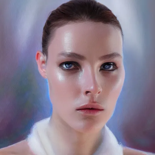 Image similar to cyborg fashion model, hyperrealism oil painting, artstation, soft colors