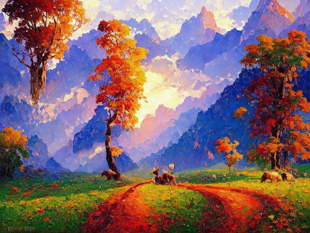 Image similar to majestic nature scenery, breathtaking oil painting by erin hanson, alexi zaitsev, karl spitzweg, craig mullins, award winning, impressionistic