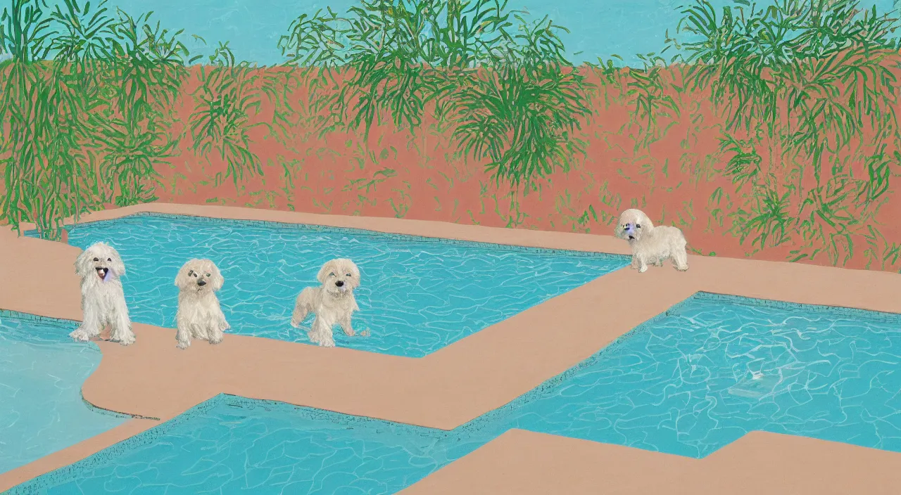 Image similar to a cream colored havanese dog at the swimming pool at a mid century modern house in palm springs by david hockney