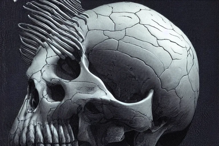 Prompt: intricate, smooth, large metallic skull atop coil of smooth spinal columns, inside a dark room, style by caspar david friedrich and wayne barlowe and ted nasmith.