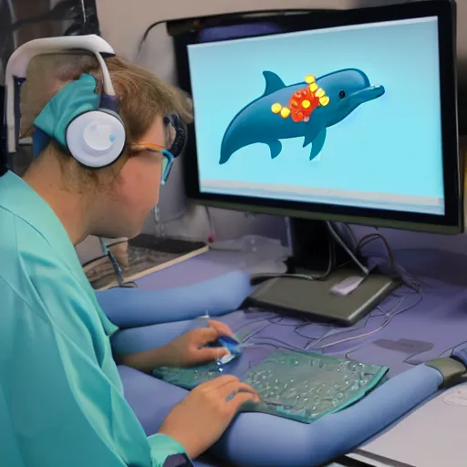 Image similar to A dolphin wearing a chemist outfit playing games on a computer