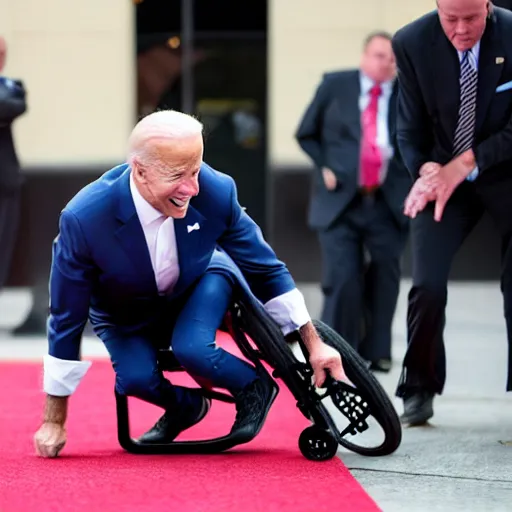 Prompt: joe biden falling off his wheelchair faceplanting on the ground, award winning photo