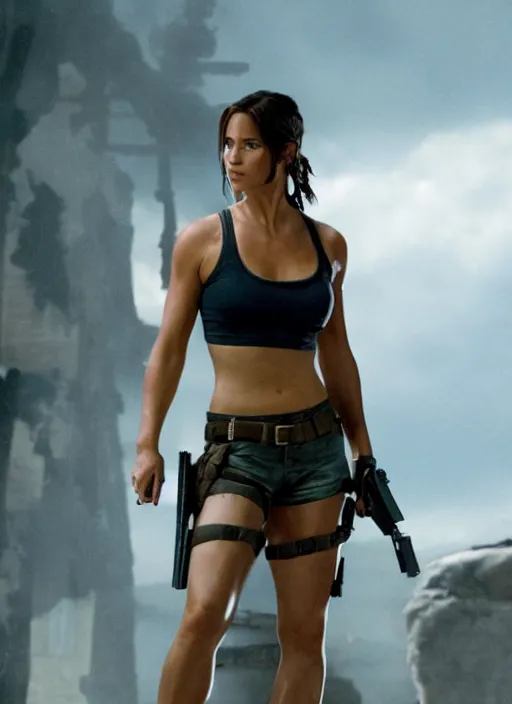 Image similar to film still of Lara Croft as John McClane in Die Hard, thicc, large chest, crop top, white thong, 4k