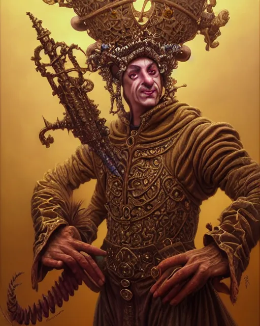 Image similar to front shot of a court jester character, hyperdimensional, intricate, elegant, highly detailed, centered, (((artstation, concept art, smooth, sharp focus, artgerm, Tomasz Alen Kopera, Peter Mohrbacher, donato giancola, Joseph Christian Leyendecker, WLOP, Boris Vallejo))), mugshot!!!!!, ugly!!!!!!, octane render, nvidia raytracing demo, grainy, muted