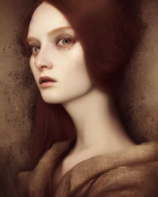 Image similar to stunning close up editorial portrait of a woman, symmetrical face, sci-fi skin, official prada editorial, beautiful pre-raphaelite portrait by charlie bowater, by Hendrik Kerstens, by Zhang Jingna, by norman rockwell, highly detailed