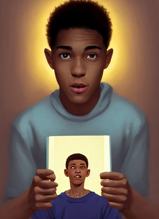 Prompt: portrait of chuck clayton, lightskin black teenage boy, very short curly hair, very short hair, short hair, strong jawline, square jaw, slight smile, reading archie comic, intricate, elegant, glowing lights, highly detailed, digital painting, artstation, concept art, smooth, sharp focus, illustration, art by wlop, mars ravelo and greg rutkowski