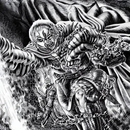 Prompt: a stunning digital masterpiece of hell and heaven at war by kentaro miura, hyper-detailed