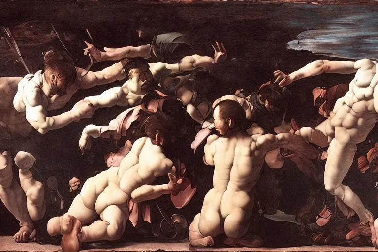Image similar to Very Highly Detailed Elimination of humanity. Digital concept art by Caravaggio, cyan dimensional light, Many Details by Michelangelo