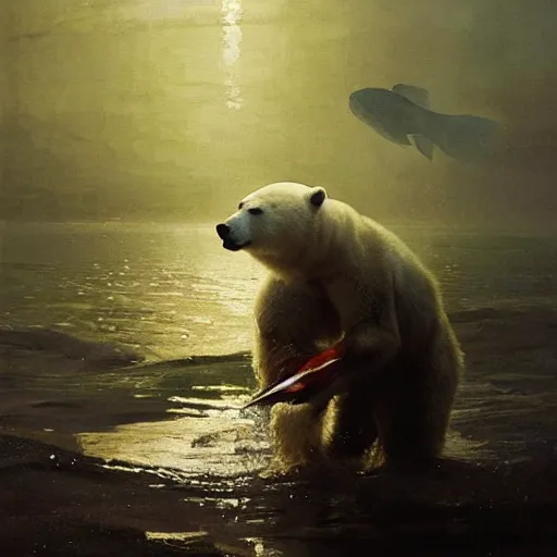 Prompt: scientific oil painting of polar bear catching a fish by anders zorn, wonderful art by greg rutkowski, incredible lighting, shadows, beautiful cinematic light