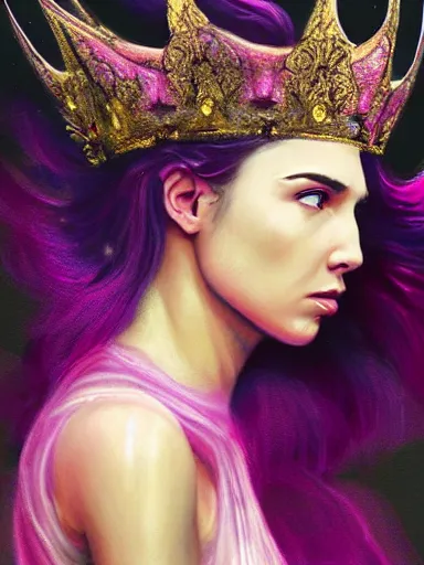 Image similar to pink portrait of young beautiful female angel queen Gal Gadot head wearing shiny pink crown, subtle purple accents, hyper details, black metal rococo, sculpted by Alex Alice, Craig Mullins, yoji shinkawa, trending on artstation, beautifully lit, Peter mohrbacher, hyper detailed, insane details, intricate, elite, elegant, luxury, ray of light through smoke, CGsociety, hypermaximalist, golden ratio, background urban cityscape, night, neofuture, volumetric, octane render, weta digital, micro details, 3d sculpture