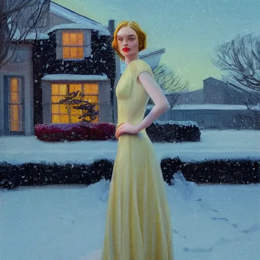 Image similar to Elle Fanning, head and shoulders masterpiece, in the snow, golden hour, in a garden, artstation, in the style of Art Deco and Edward Hopper