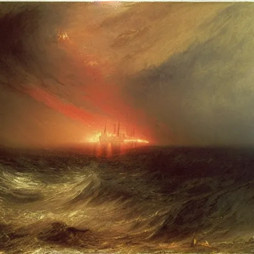 Prompt: a ship burning in the distance during a storm, by william turner, by beksinski, by caspar david friedrich, oil painting, romantism, realism, limited palette