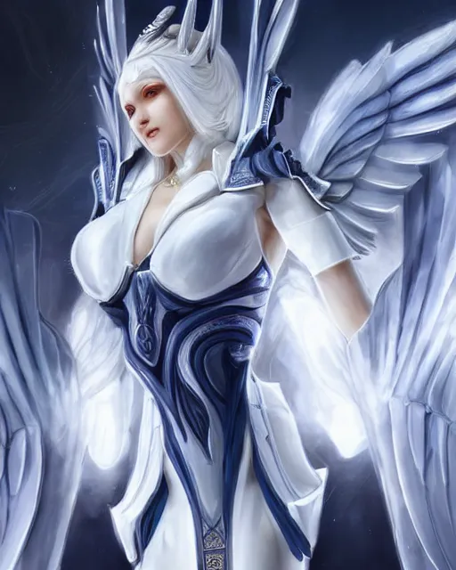 Image similar to perfect white haired egyptian goddess wearing white dove wings, warframe armor, regal, attractive, ornate, sultry, beautiful, dreamy, half asian, pretty face, blue eyes, detailed, scifi platform, 4 k, ultra realistic, epic lighting, android body, illuminated, cinematic, masterpiece, art by akihito tsukushi, voidstar, artgerm