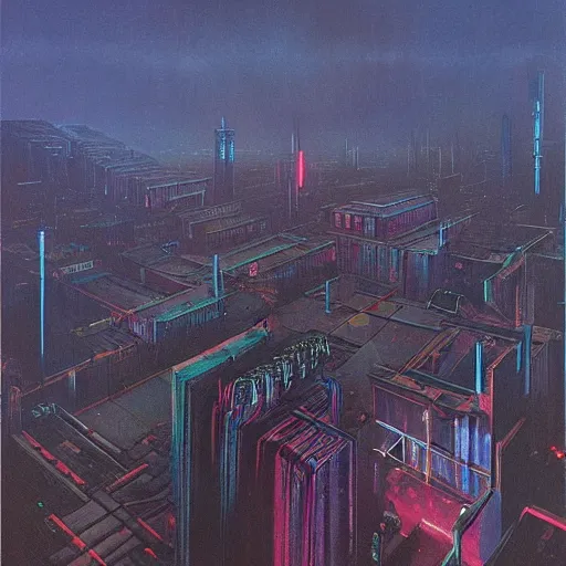 Image similar to huge cyberpunk dystopian megacity with lights and neon billboards, holograms, bladerunner and beksinski painting