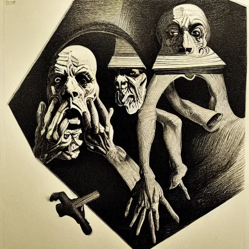 Image similar to lithography on paper secret lair conceptual figurative post - morden monumental dynamic portrait by goya and escher and hogarth, illusion surreal art, highly conceptual figurative art, intricate detailed illustration, controversial poster art, polish poster art, geometrical drawings, no blur