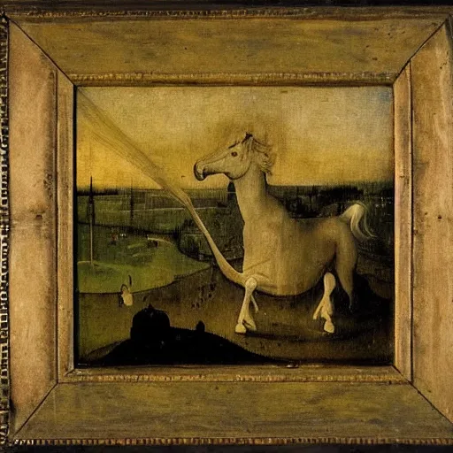 Prompt: white horse at night by hieronymus bosch