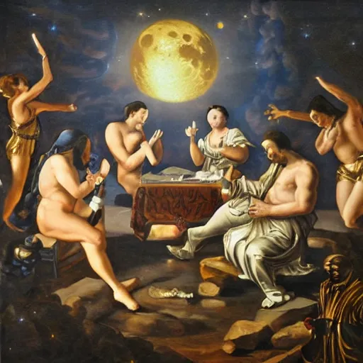 Prompt: ultra detailed baroque painting of astronauts performing a seance on the moon